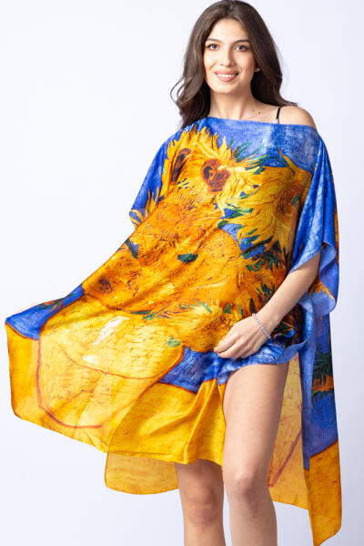 SHOPIKA Rochie de plaja tip poncho din matase cu stilizare Floarea Soarelui  pe fond albastru Albastru/galben Talie unica (Rochie dama) - Preturi