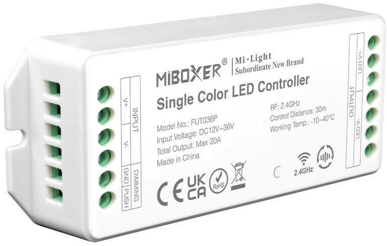 Vásárlás: Mi-Light FUT036P monokróm LED vezérlő, dimmer, 20A, 12-36V DC  (CONT MIL FUT036P) LED rendszer tartozék árak összehasonlítása, FUT 036 P  monokróm LED vezérlő dimmer 20 A 12 36 V DC CONT
