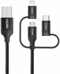 Choetech 3in1 MFI kábel USB - USB Type C / micro USB / Lightning (3A / 480 Mbps) 1.2m fekete (IP0030-BK)