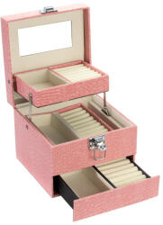 Ekszer Eshop Bőrönd ékszerdoboz rózsaszín színben, ezüst árnyalatú fém részletekkel, két, külön használható részből áll