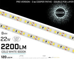 24LED Banda LED , 120 LED m , 12V , 22W , 6000K , IP20 , 2200lm , 8mm , 3 oz Versiunea PRO