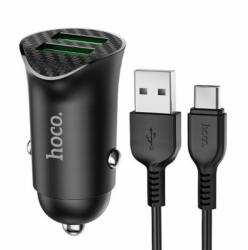 hoco. Incarcator telefon auto Hoco Z39 -2 porturi USB-A, QC 3.0, 18W, 3A cu cablu USB-A to USB Type-C 1.0m Negru