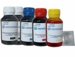 Alphachem Set Flacon Cerneala AlphaChem Compatibil HP10, 2x100ml C4840A Negru, 1x100ml C4841A Cyan, 1x100ml C4843A Magenta, 1x100ml C4842A Galben, 5buc Cdr Maxell cu plic