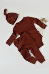 BabyCosy Set 3 piese: body cu maneca lunga, pantaloni lungi si caciulita din bumbac organic si modal - Caramiziu, BabyCosy (BC-CSYM22501)