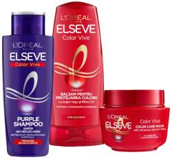 L'Oréal Set Cadou Elseve Color Vive pentru Par Vopsit: Sampon Purple pentru Par Blond / Gri 200 ml, Balsam 400 ml si Masca 300 ml