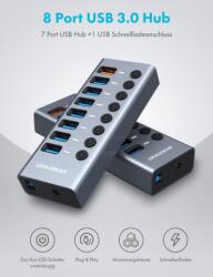 GRAUGEAR 7 portos USB 3.0 Type-A HUB + 1x töltőport, alumínium ház, egyedi be-/kikapcsoló LED-jelzés (G-HUB71-A)