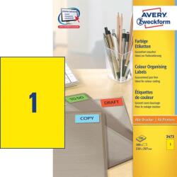AVERY Etikett címke, 210x297mm, 3473 1 címke/ív 100ív/doboz, Avery sárga (3473) - tintasziget