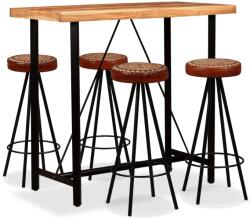 vidaXL Set mobilier bar, 5 piese, lemn acacia, piele naturală & pânză (275132)