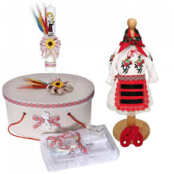 Produs vandut si livrat de S. C. Denikos Creativ S Set costum rochita traditionala, trusou botez, cutie trusou si lumanare, decor national, Denikos® C9103