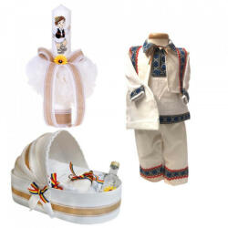 Produs vandut si livrat de S. C. Denikos Creativ S Set botez traditional baietel, trusou botez landou, lumanare si costum popular baiat, Denikos® 963