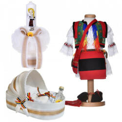 Produs vandut si livrat de S. C. Denikos Creativ S Set costum popular fetita, trusou botez landou si lumanare, decor traditional, Denikos® 1057