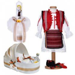 Produs vandut si livrat de S. C. Denikos Creativ S Set costum national fetita, trusou botez landou si lumanare, decor traditional, Denikos® 1053