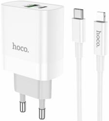 hoco. Incarcator retea Hoco C80A, USB/USB-C, Quick Charge 3.0, Power Delivery 20W, Cablu Lightning inclus, Alb (6931474740526)