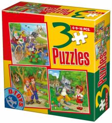 D-Toys Set 3 puzzle-uri basme de 6, 9, 16 piese: Motanul încălțat, Hansel și Gretel, Scufița Roșie (50922-06)