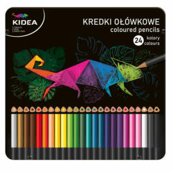 DERFORM Színes ceruzakészlet, 24 db-os, fémdobozos, alap színek, háromszög test, Kidea