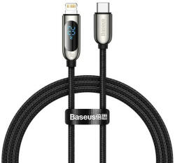  USB Type-C töltő- és adatkábel, Lightning, 100 cm, 2220 mA, 20W, LED kijelzővel, Baseus Display, CATLSK-01, fekete