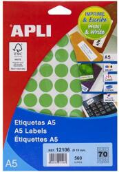 APLI Etikett, 19 mm kör, színes, A5 hordozón, APLI, zöld, 560 etikett/csomag (LCA12106) - pencart