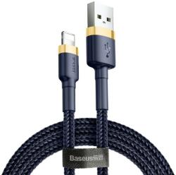  USB töltő- és adatkábel, Lightning, 100 cm, 2400 mA, törésgátlóval, gyorstöltés, cipőfűző minta, Baseus Cafule, CALKLF-BV3, sötétkék/arany