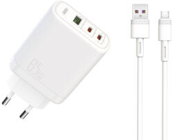 XO CE04 gyorstöltő max. 65W (Fehér) - USB-C PD + USB-A QC, Type-C kábellel