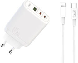 XO CE04 gyorstöltő max. 65W (Fehér) - USB-C PD + USB-A QC, micro USB kábellel