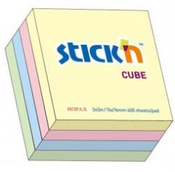 STICK'N Cub notite autoadeziv 76x76 mm, 400 file pastel, STICK'N