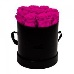 Aranjamente florale - Aranjament floral cu 9 trandafiri de sapun, in cutie neagra rotunda, fucsia