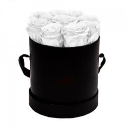 Aranjamente florale - Aranjament floral cu 9 trandafiri de sapun, in cutie neagra rotunda, alb