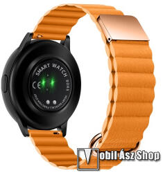 Okosóra szíj - valódi bőrpánt, mágneses, 118mm + 105mm hosszú, 22mm széles - NARANCSSÁRGA / ROSE GOLD - SAMSUNG Galaxy Watch 46mm / Watch GT2 46mm / Watch GT 2e / Galaxy Watch3 45mm / Honor MagicWatch