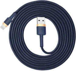  USB töltő- és adatkábel, Lightning, 200 cm, 1500 mA, törésgátló, cipőfűző minta, Baseus Cafule, CALKLF-CV3, sötétkék/arany