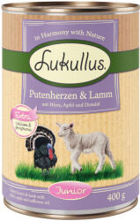 Lukullus Lukullus 11 + 1 gratis! 12 x 400 g Hrană umedă câini - Junior Inimi de curcan & miel