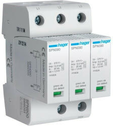 Hager SPN900, túlfeszültség levezető (cserélhető betétes) 3 pólus, B+C (T1+T2) fokozatú, távjelző nélküli, 275V/37, 5kA (Hager SPN900) (SPN900)