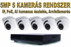 5 KAMERÁS 5MP IP, PoE SWITCH, H. 265, ONVIF DOME KAMERA RENDSZER