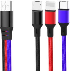 XO NB143 - 3in1 kábel - (USB - Lightning / Type-C / MicroUSB) színes szövet kábel 3, 5A, 1, 2 m
