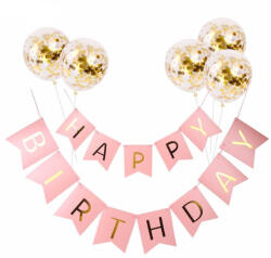 Balloons4party Set 5 baloane confetti auriu + banner Happy Birthday roz
