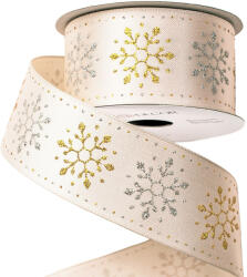 Arany-ezüst csillogó hópihés karácsonyi szalag drótos szegéllyel 38mm x 6.4m (XC3807-40)