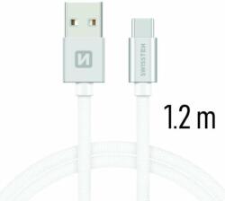 SWISSTEN adat- és töltőkábel textil bevonattal, USB/USB-C, 1, 2 m ezüst/fehér (154380)