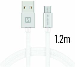 SWISSTEN adat- és töltőkábel textil bevonattal, USB/mikro USB, 1, 2 m ezüst/fehér (2433071)