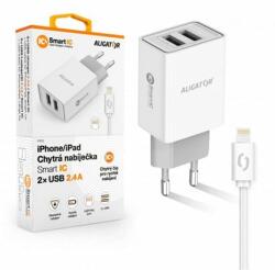 Aligator Smartphone charger Aligator USB Charger, 2xUSB - 2.4A, Smart IC, White, USB cable for iPhone/iPad (Lightning)
