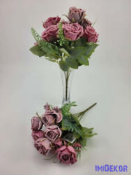  Rózsa + kis virág 7 ágú selyemvirág csokor 33 cm - Mályva Mix