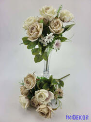  Rózsa + kis virág 7 ágú selyemvirág csokor 33 cm - Ekrü-Bézs Mix
