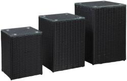 vidaXL Странични маси, 3 бр, със стъклен плот, черни, полиратан (46984)