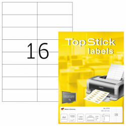 TopStick No. 8712 fehér színű 105 x 37 mm méretű, univerzálisan nyomtatható, öntapadós etikett címke, permanens ragasztóval A4-es íven - kiszerelés: 1600 címke / 100 ív
