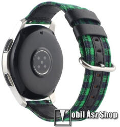  Okosóra szíj - szövet és PU bőr, 92mm + 119mm hosszú, 20mm széles - ZÖLD / FEKETE KOKCKÁS MINTÁS - SAMSUNG Galaxy Watch 42mm / Amazfit GTS / Galaxy Watch3 41mm / HUAWEI Watch GT 2 42mm / Galaxy Watch 