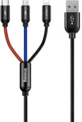 USB töltő- és adatkábel 3in1, USB Type-C, Lightning, microUSB, 30 cm, 3500 mA, gyorstöltés, cipőfűző minta, Baseus Three Primary Colors, CAMLT-ASY01, fekete/színes - tok-shop