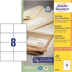 Avery Zweckform Újrahasznosított etikett címke 105x74 mm, Avery Zweckform, Fehér színű, (100 ív/doboz) (LR3427)