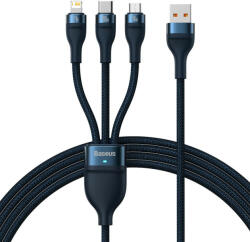 Baseus Flash II 3 az 1-ben adat- és töltőkábel USB + Type C - Lightning + Type C + Micro USB 1, 5m 3, 5A 100W kék