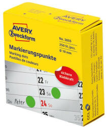AVERY Etikett AVERY 3855 öntapadó jelölőpont adagoló dobozban zöld 19mm 250 jelölőpont/doboz (3855) - papir-bolt