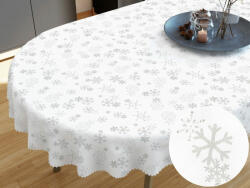 Goldea karácsonyi teflonbevonatú asztalterítő - ezüst hópihék fehér alapon - ovális 140 x 200 cm