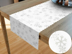 Goldea karácsonyi teflonbevonatú asztali futó - ezüst hópihék fehér alapon 35x180 cm