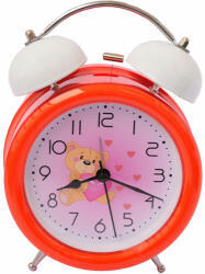 Pufo Ceas de masa desteptator pentru copii Pufo Joy, cu buton de iluminare cadran, 16 cm, model Bear in Love, rosu
